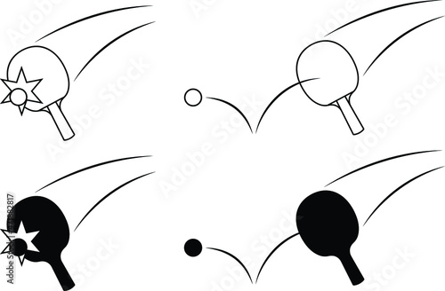 Table Tennis Paddle Hitting Ball - Outline and Silhouette Clipart