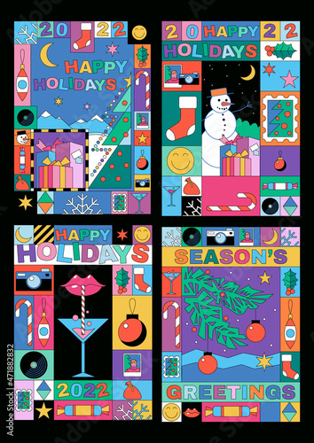 Season's Greetings! Abstract Mosaic Christmas Illustrations, Winter Holidays Attributes 