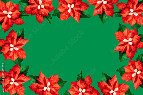  frame made of paper flowers christmas star poinsettia on green background © J_Koneva