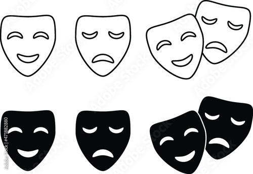 Theatre Drama Masks Clipart Set - Outline and Silhouette