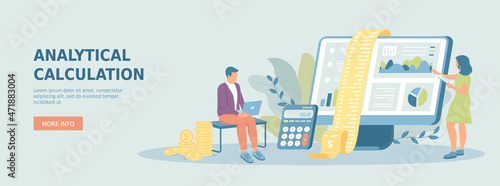 Calculation, finance accounting. Budget analyzing, calculation of expenses and income. Promotional web banner. Cartoon flat vector illustration with people characters.