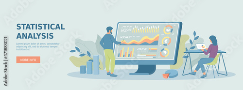 Statistical analysis. Data audit, research, planning, financial management. People work with data. Business Promotional web banner. Cartoon flat vector illustration with people characters.