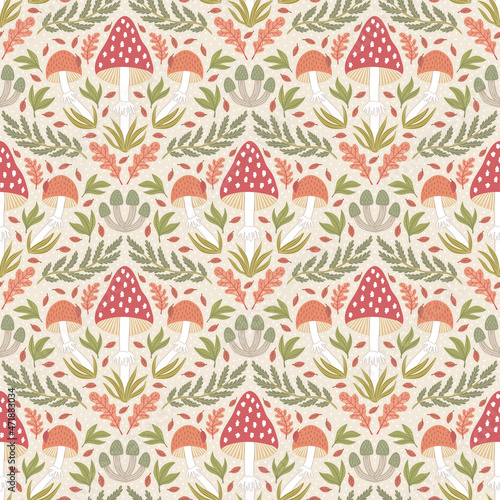 Hand-drawn seamless pattern with wild mushrooms and autumn leaves. Colorful seasonal illustration for paper and gift wrap. Fabric print design. Creative stylish background.