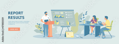 Report results. Man makes presentation of business report with statistical information on board. Promotional web banner. Cartoon flat vector illustration with people characters.