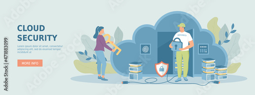 Cloud security. Safe storage of personal data in the cloud. Strong password protection  authentication. Promotional web banner. Cartoon flat vector illustration with people characters.