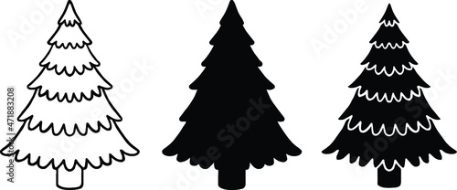 Pine Christmas Tree Clipart Set - Outline and Silhouette