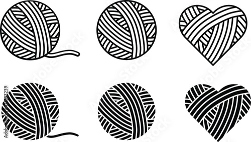 Yarn Ball and Heart Clipart Set - Outline and Silhouette