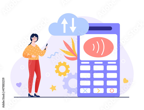 Concept of cloud POS. Contactless payment. Transfer of money via Internet. Terminal, internet shop, store, market. Point of sale, banking system, modern technologies. Cartoon flat vector illustration