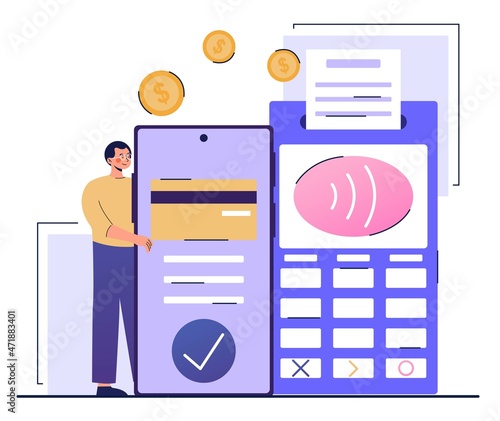 Concept of contactless payment. Man applies bank card to special terminal. Payment for goods in store. Modern technology, point of sales, POS. Cash transaction. Cartoon flat vector illustration