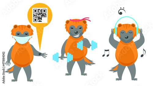 Set Abstract Collection Flat Cartoon 
Different Animal Wolverines With Qr Code On Hand, Listening To Music On Headphones, Goes In For Sports With Dumbbells Vector Design Style Elements Fauna Wildlife