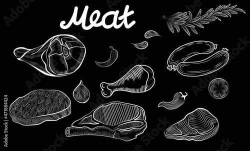 meats, chicken, cow, chalk hand drawn food, isolated illustration on dark background. Concept for logo, print, cards, menu 