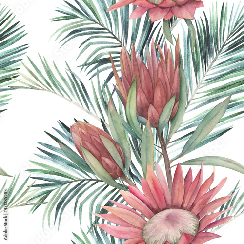 Watercolor seamless pattern. Tropical print with jungle leaves, protea. Hand drawn illustration