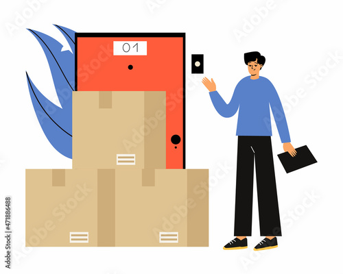 The courier delivered the package to the door. The deliveryman. Package, contactless delivery, online order. Vector illustration