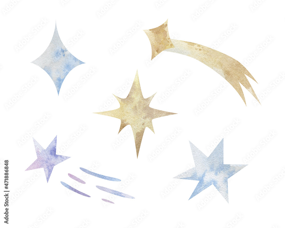 Obraz premium Hand drawn watercolor stars illustration. Set of magical space elements isolated on a white background.