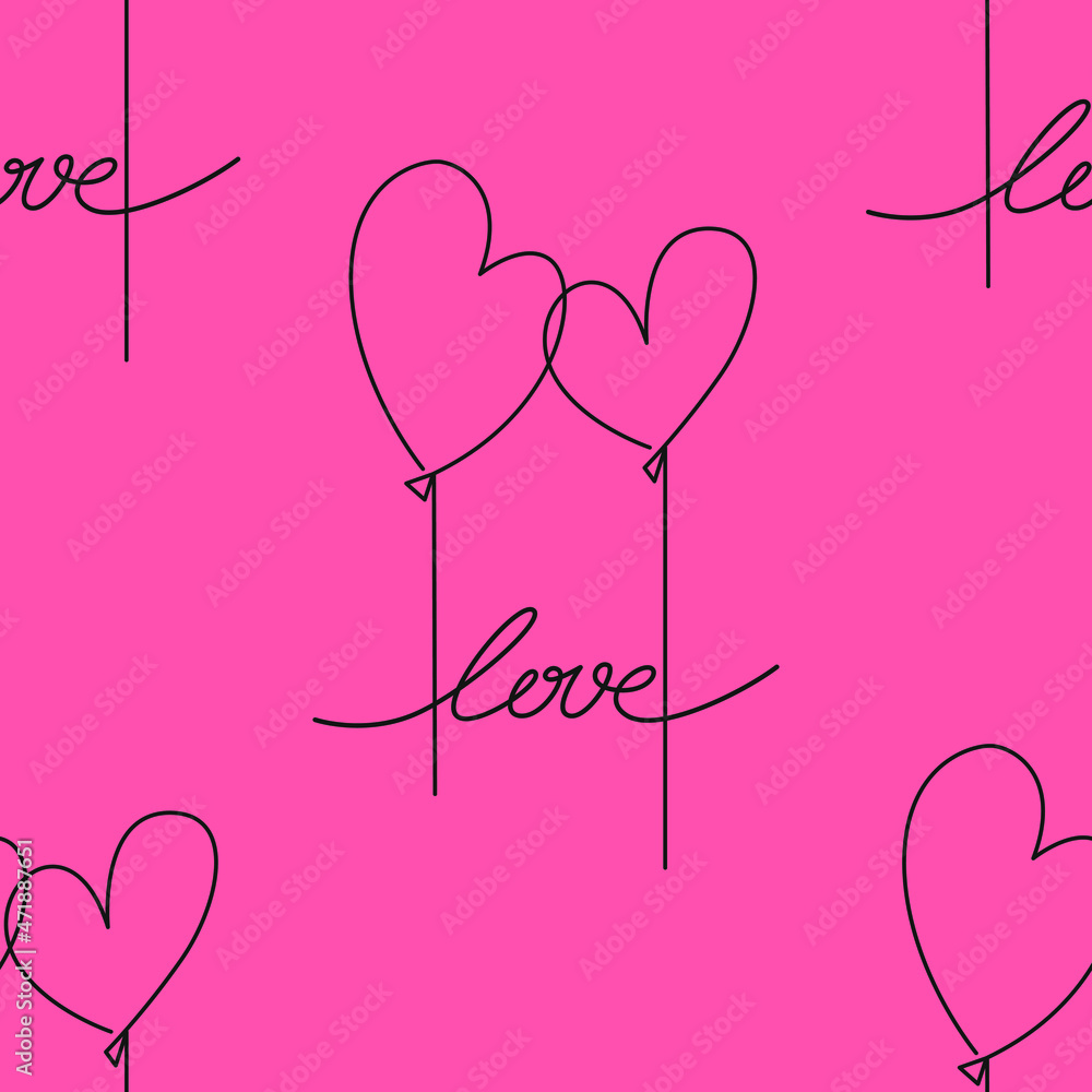 Vector seamless pattern. Linear black hearts look like balloons , lettering word love on pink. Minimalist design for holiday saint valentines or wedding decor, textile, wrapping paper.