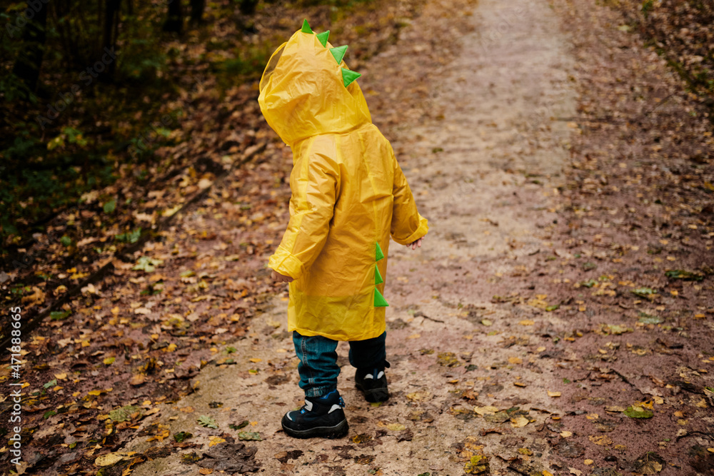 Kid in a yellow raincoat walks through the autumn park on a rainy day. The raincoat has a green crest like a dinosaur Kid in a yellow raincoat walks through the autumn park on a rainy day. The raincoat has a green crest like a dinosaur