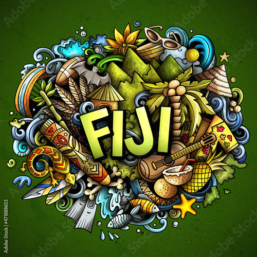 Fiji hand drawn cartoon doodles illustration. Funny travel design.