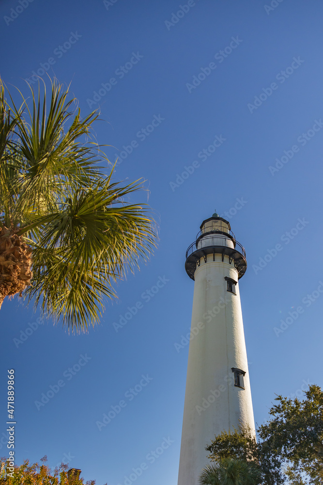 Lighthouse tower with blue sky background