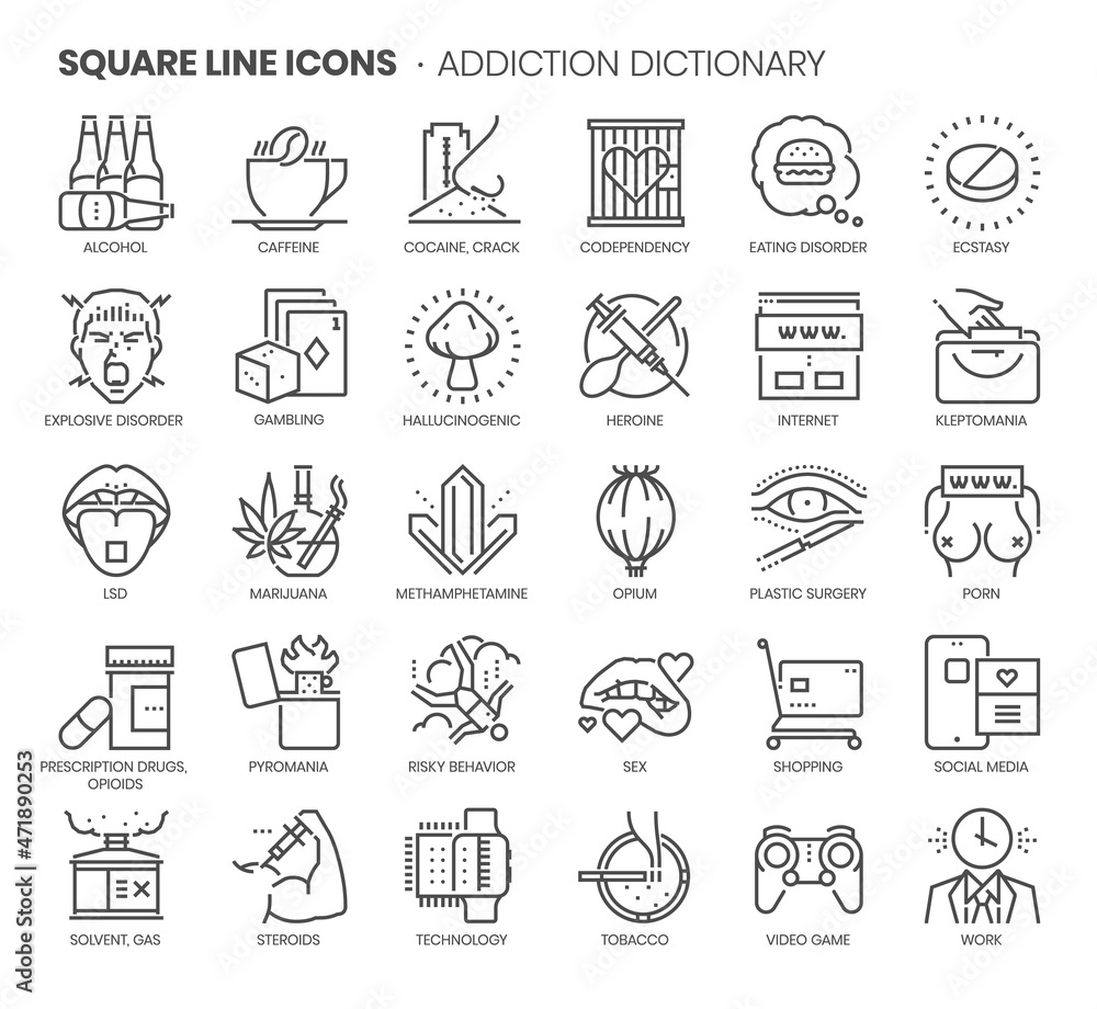 Addiction dictionary related, pixel perfect, editable stroke, up scalable square line vector icon set.