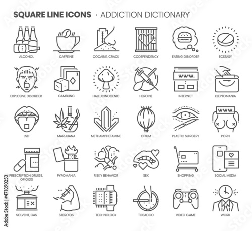 Addiction dictionary related, pixel perfect, editable stroke, up scalable square line vector icon set.