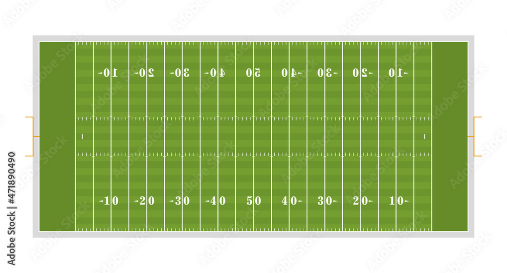 Naklejka Standard american football field in stadium. American Football field with markings and green lawn.