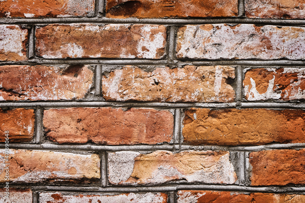 Fototapeta premium Old red brick wall, grunge background. Copy space