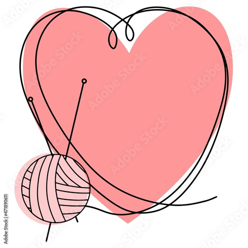 Pink heart-shaped frame with an empty place to insert, for needlework, knitting with a ball and knitting needles