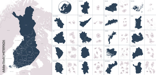 Vector color detailed map of Finland with administrative divisions of the country, each region is presented separately with high detail divided into districts and sub-regions