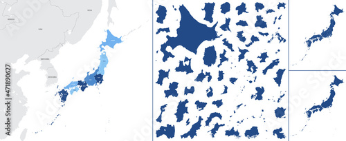 Detailed vector blue map of Japan with administrative divisions into regions and prefectures of the country