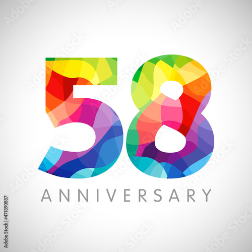 58th anniversary numbers. 58 years old logotype concept. Bright congrats. Isolated abstract graphic design template. Creative bg of 5 and 8 digits. Up to 58% off idea for discount and advertisement.