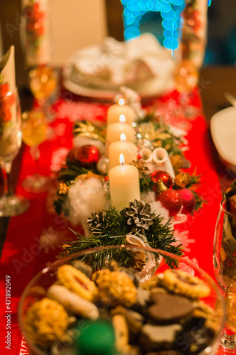 detail advent wreath on the Christmas table