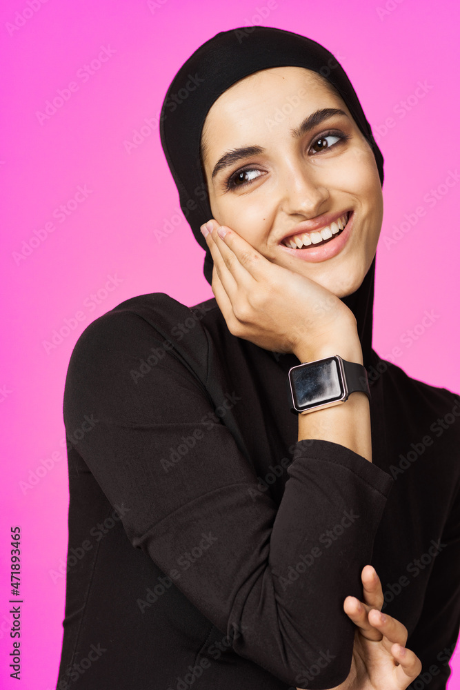 muslim woman in black hijab smart watch technology entertainment muslim woman in black hijab smart watch technology entertainment