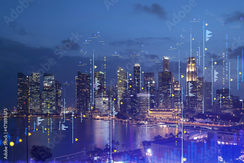 Wallpaper Mural FOREX graph hologram, aerial night panoramic cityscape of Singapore, the developed location for stock market researchers in Asia. The concept of fundamental analysis. Double exposure. Torontodigital.ca