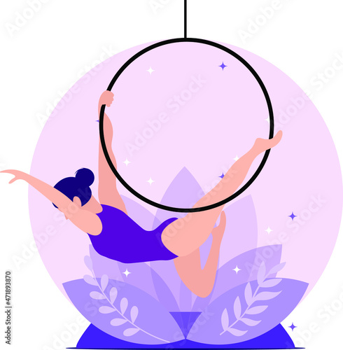 Aerial dancer vector illustration. Woman performing on hoop. Aerial acrobat in the ring. A young girl performs the acrobatic elements in the air ring.