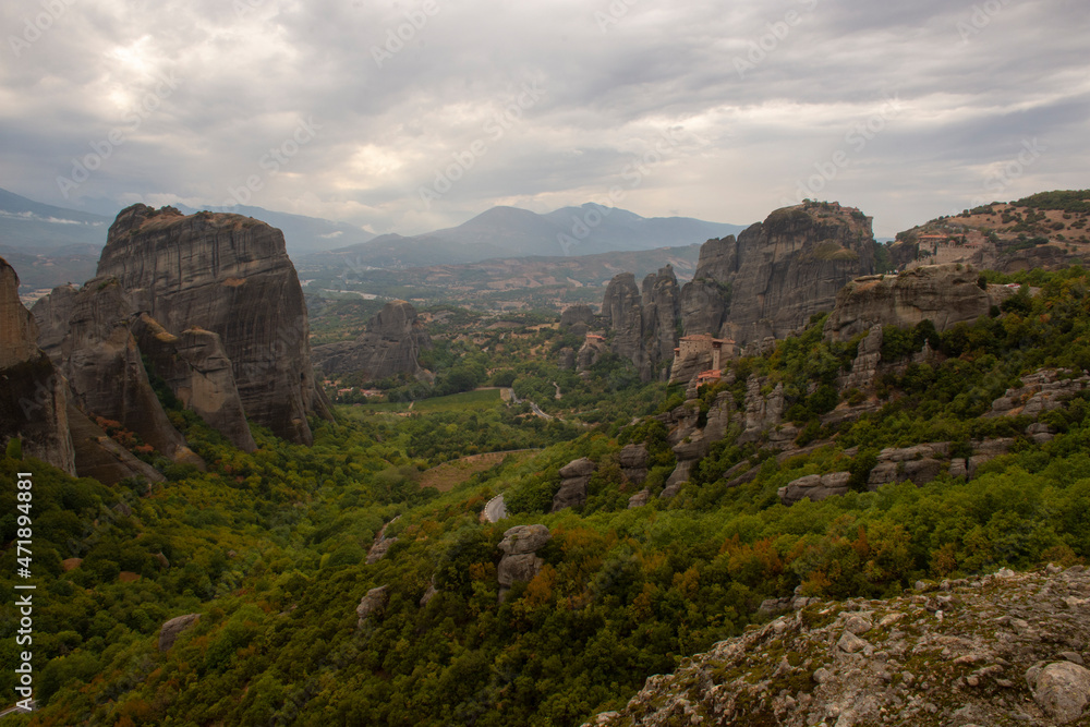 Beautiful landscape with monasteries and rock formations in Meteora, Greece.