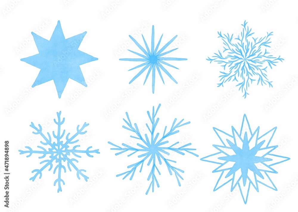 Set of watercolor snowflakes, New Year's winter pattern, Christmas