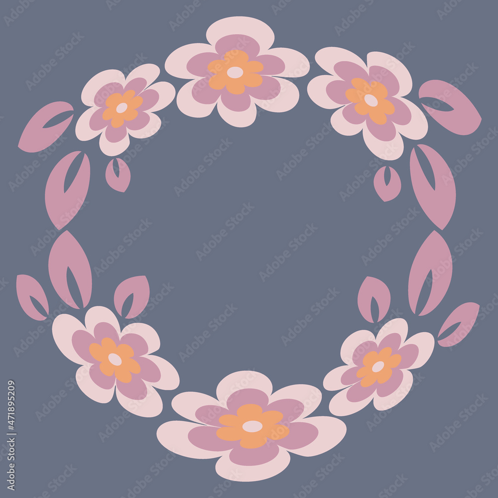 Illustration - Round frame or wreath on a square background - stylized flowers and leaves - graphics. Design elements Illustration - Round frame or wreath on a square background - stylized flowers and leaves - graphics. Design elements