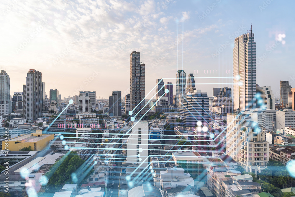 Obraz premium Glowing hologram of technological process, aerial panoramic cityscape of Bangkok at sunset. The largest innovative hub of tech services in Southeast Asia. Multi exposure.