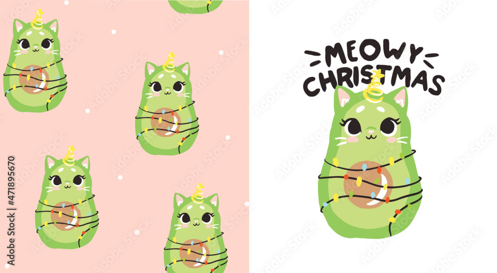 Obraz premium vector illustration. set pattern and print with cute christmas avocado kitten. Can be used as a print for baby clothes, a poster, a pattern for wrapping paper.
