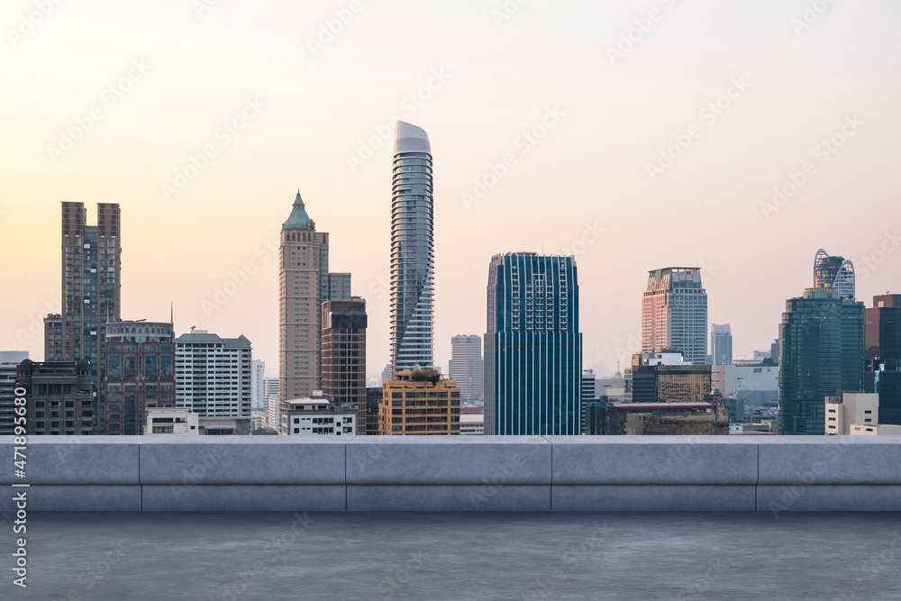 Panoramic Bangkok skyline view, concrete observatory deck on rooftop, sunset. Luxury Asian corporate and residential lifestyle. Financial city downtown, real estate. Product display mockup empty roof Panoramic Bangkok skyline view, concrete observatory deck on rooftop, sunset. Luxury Asian corporate and residential lifestyle. Financial city downtown, real estate. Product display mockup empty roof