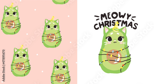 vector illustration. set pattern and print with cute christmas avocado kitten. Can be used as a print for baby clothes, a poster, a pattern for wrapping paper.