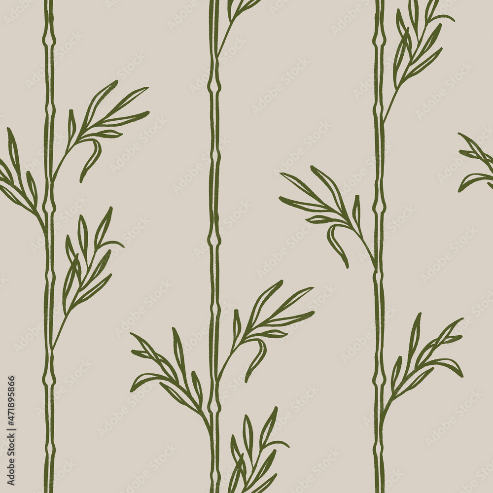 Fototapeta premium Bamboo relax pattern repeat in beige and green botanical background print design. Vector illustration. Calm and ecological seamless repeat surface design for wallpaper, botanical lovers and home decor