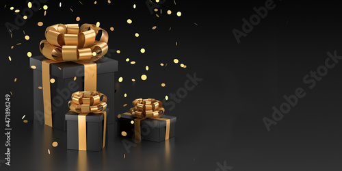 Gift box with gold bow, flying confetti, present on a black background. Black Friday Sale. New Year, Christmas banner. Trendy dark flyer. 3d rendering..