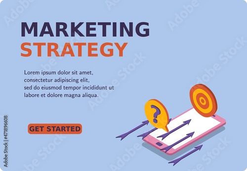 Digital Marketing banner and website. Choosing the right marketing strategy. Mockup mobile phone successful hitting the target. 3d isometric vector illustration. Popular flat colors.
