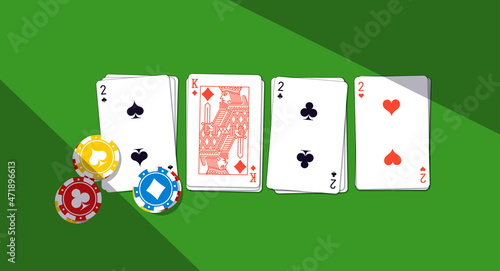 2022 Happy New Year casino style greeting card with playing cards different suits and tokens chips on green casino table. Merry Christmas 2K22 Xmas banner poker and blackjak desk design. New year 2022