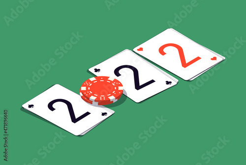 2022 Happy New Year isometry casino style greeting card with playing cards different suits, tokens chips bet on green casino table. Merry Christmas 2K22 Xmas banner poker and blackjak isometric design