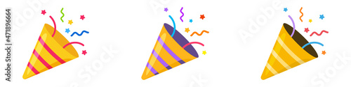 Set confetti party popper icon, fireworks logo, cap, flat design. Vector illustration isolated on white background.