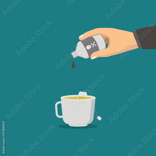 illustration of criminal pouring poison in tea drink, flat design vector