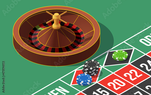 2022 Happy New Year casino style greeting card with roulette wheel and tokens chips bet on isometric green table. Merry Christmas 2K22 Xmas banner bet roulette desk design. New year 2022 party poster