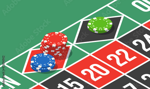 2022 Happy New Year casino style greeting card with roulette wheel and tokens chips bet on isometric green table. Merry Christmas 2K22 Xmas banner bet roulette desk design. New year 2022 party poster